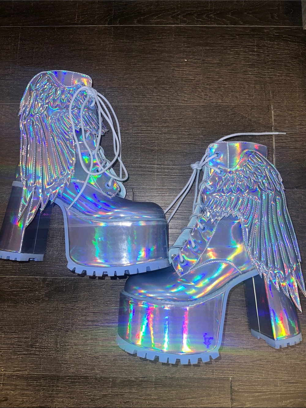 Iridescent Wing Platform Lace-Up Boots - Women